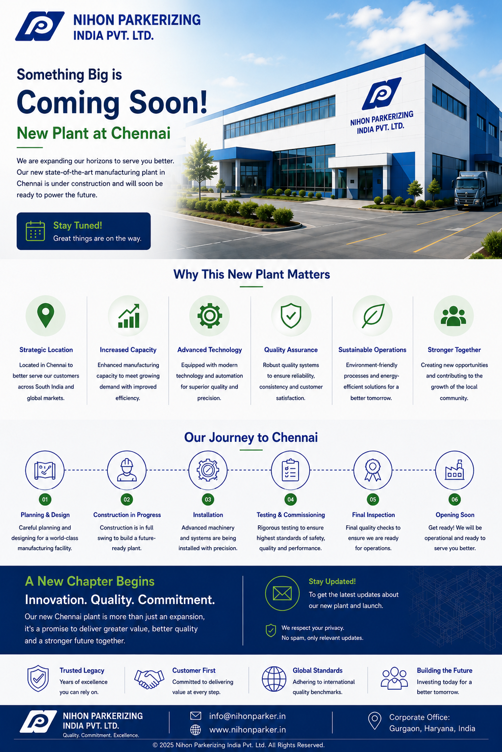 Infographic for Nihon Parkerizing India's new Chennai plant, detailing project benefits, construction timeline, and company contact information.